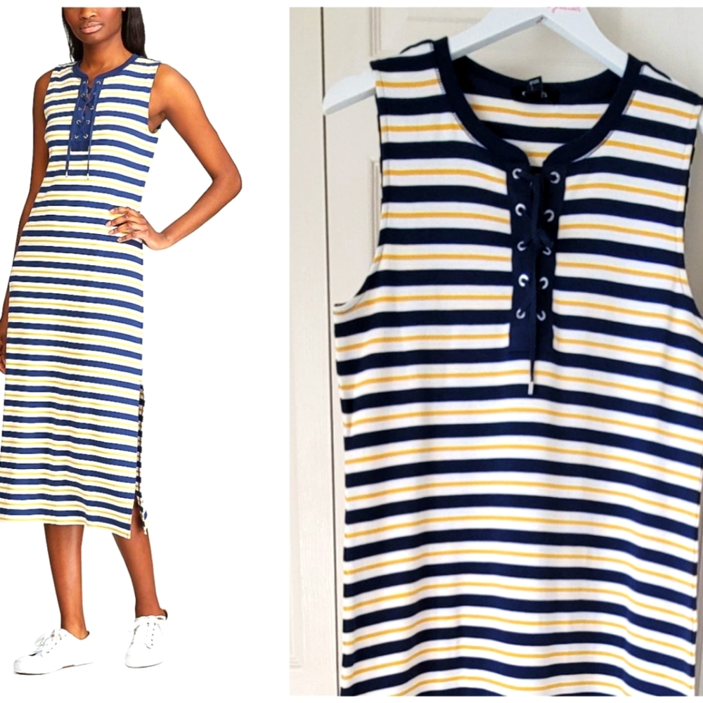 CHAPS Sleeveless Midi Dress Blue White Yellow Size L NWT